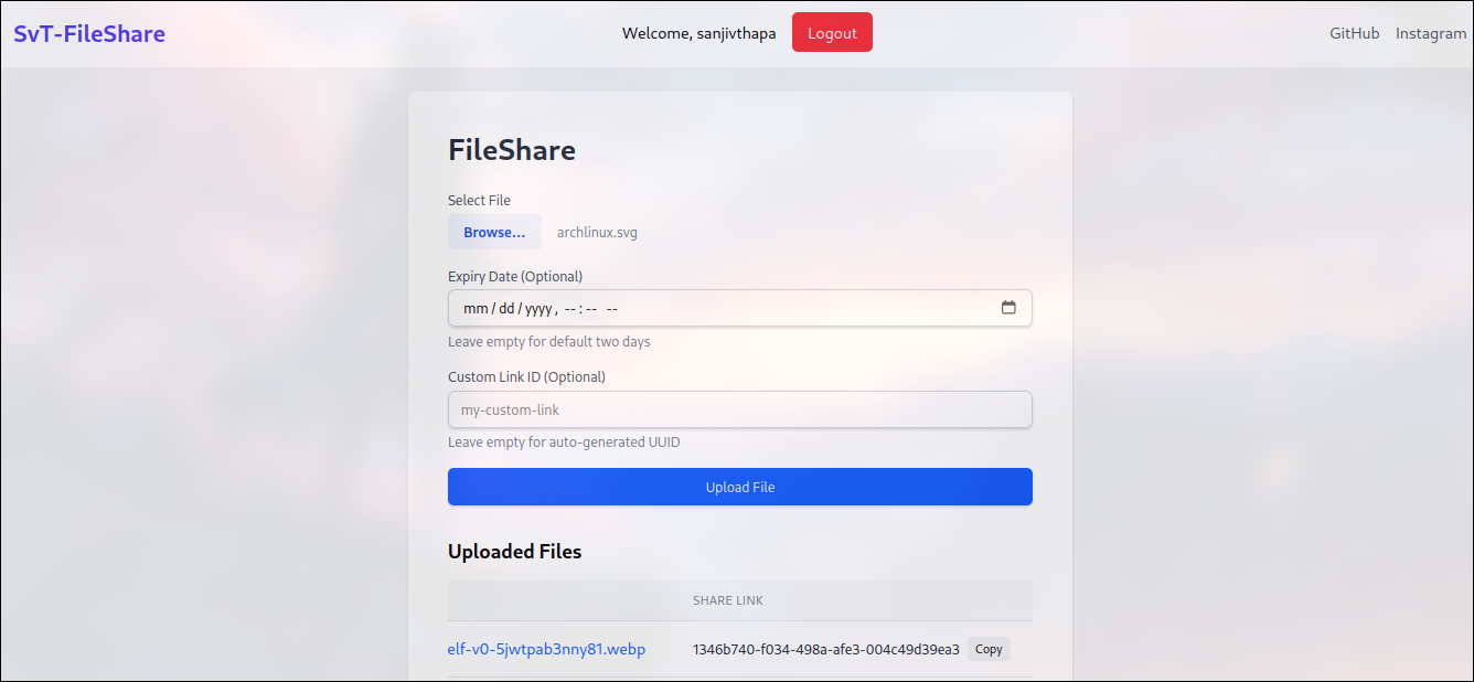 Screenshot of File Sharing App project